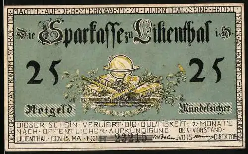 Notgeld Lilienthal 1921, 25 Pfennig, Sparcasse zu Lilienthal, Astronomen: Bessel, Harding, Johann Hieronymus