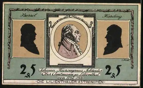 Notgeld Lilienthal 1921, 25 Pfennig, Sparcasse zu Lilienthal, Astronomen: Bessel, Harding, Johann Hieronymus