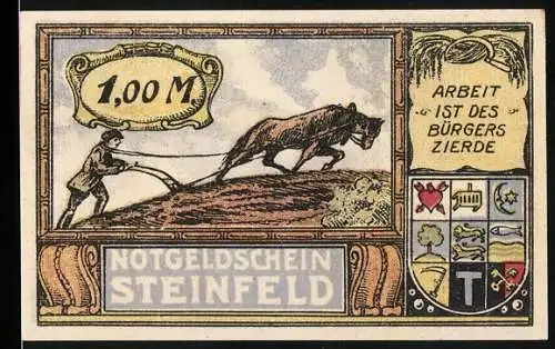 Notgeld Steinfeld, 1921, 1 Mark, Bauer mit Pflug und Pferd, Adler mit Flagge