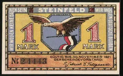 Notgeld Steinfeld, 1921, 1 Mark, Bauer mit Pflug und Pferd, Adler mit Flagge