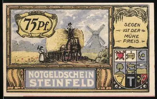 Notgeld Steinfeld 1921, 75 Pfennig, Bauern bei der Ernte und Adler mit Banner