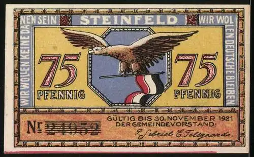 Notgeld Steinfeld 1921, 75 Pfennig, Bauern bei der Ernte und Adler mit Banner