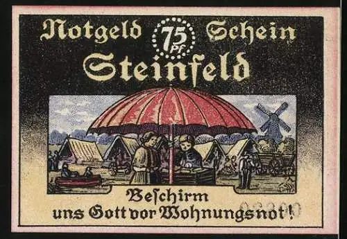 Notgeld Steinfeld, 1921, 75 Pfennig, farbiger Schein mit Wappen und Marktszene, gültig bis 30. November 1921