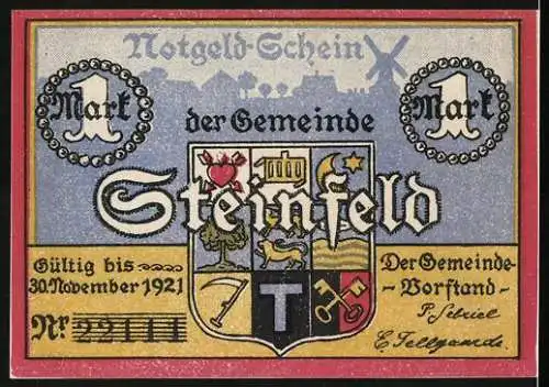 Notgeld Steinfeld, 1921, 1 Mark, Beschirm uns Gott vor Wohnungsnot! Gültig bis 30. November 1921