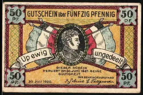 Notgeld Steinfeld 1920, 50 Pfennig, Porträt Ludwig von Lützow, Fahnen, Gültig bis 1921