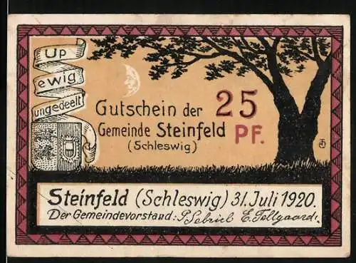Notgeld Steinfeld (Schleswig) 1920, 25 Pf, Gutschein der Gemeinde Steinfeld mit bäuerlichem Motiv und Gültigkeit bis 1