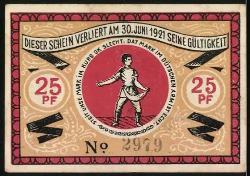 Notgeld Steinfeld (Schleswig) 1920, 25 Pf, Gutschein der Gemeinde Steinfeld mit bäuerlichem Motiv und Gültigkeit bis 1