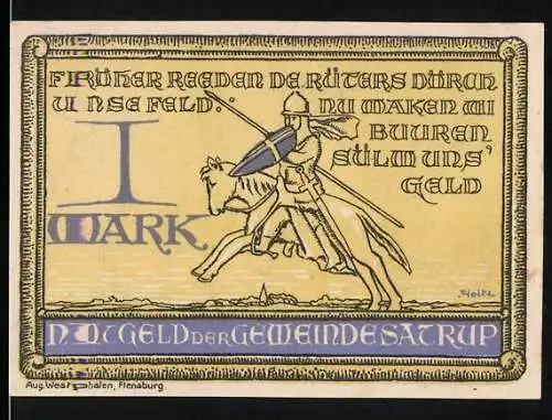 Notgeld Satrup 1921, 1 Mark, Ritter zu Pferd und Gemeindewappen, No. 020968