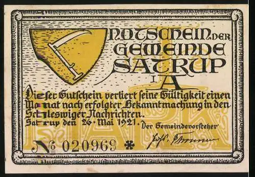 Notgeld Satrup 1921, 1 Mark, Ritter zu Pferd und Gemeindewappen, No. 020968