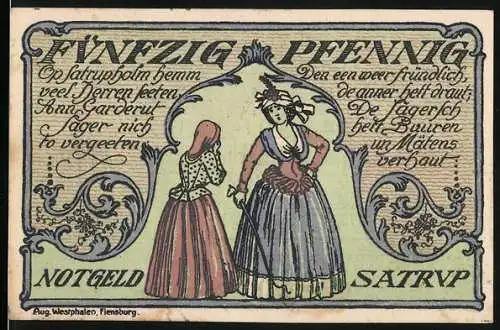 Notgeld Satrup, 1921, 50 Pfennig, Frauen in historischer Kleidung und Satrupholm-Schloss