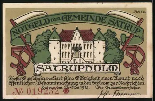 Notgeld Satrup, 1921, 50 Pfennig, Frauen in historischer Kleidung und Satrupholm-Schloss