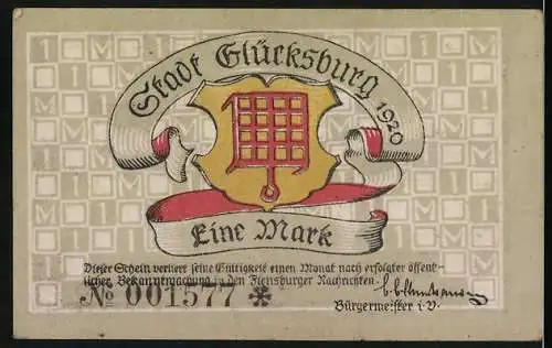 Notgeld Glücksburg, 1920, Eine Mark, Schloss Glücksburg und Stadtwappen