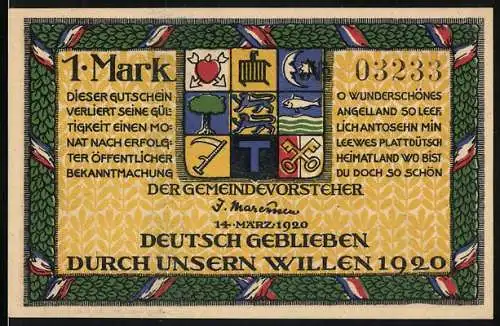 Notgeld Holnis, 1920, 1 Mark, Gutschein der Gemeinde Bolnis mit Wappen und Landschaftsszene, Deutsch geblieben durch uns