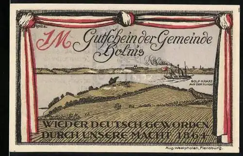 Notgeld Holnis 1920, 1 Mark, Landschaft mit Schiff und Wappen, Deutsch geblieben durch unseren Willen