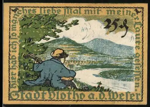 Notgeld Vlotho 1921, 25 Pfennig, Landschaft mit Musiker und Text Hier hab ich manches liebe Mal mit meiner Laute ...