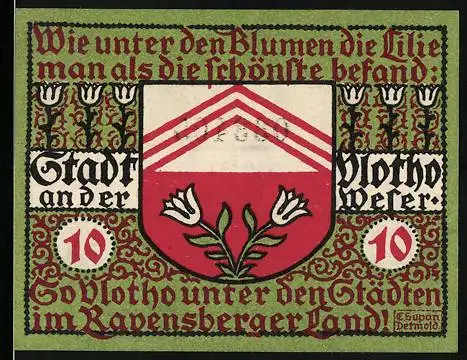 Notgeld Vlotho, 1921, 10 Pfennig, Stadtwappen mit Lilien und Inschrift