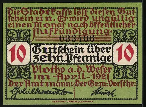 Notgeld Vlotho, 1921, 10 Pfennig, Stadtwappen mit Lilien und Inschrift