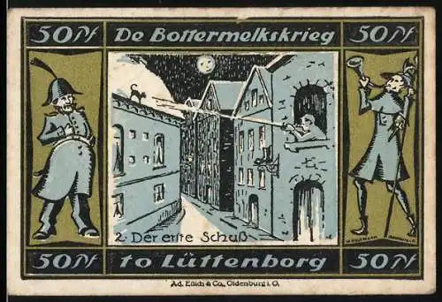 Notgeld Lütjenburg, 1921, 50 Pfennig, De Bottermelkskrieg mit Figuren und Szene aus Der erste Schuss