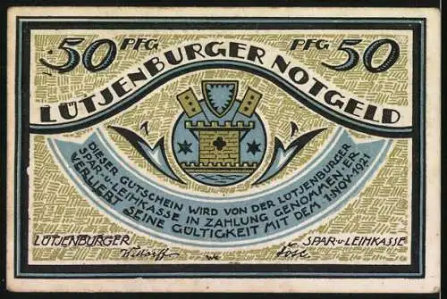 Notgeld Lütjenburg, 1921, 50 Pfennig, De Bottermelkskrieg mit Figuren und Szene aus Der erste Schuss