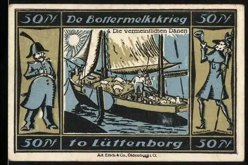 Notgeld Lütjenburg, 1921, 50 Pfennig, De Bottermelkskrieg, Schiff und Soldaten