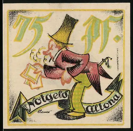 Notgeld Altona, 1921, 75 Pf, Clown mit Zylinder und Stern auf der Vorderseite, Rückseite mit Wappen und Datum