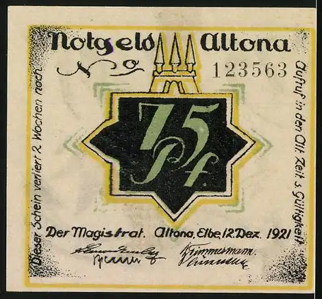 Notgeld Altona, 1921, 75 Pf, Clown mit Zylinder und Stern auf der Vorderseite, Rückseite mit Wappen und Datum