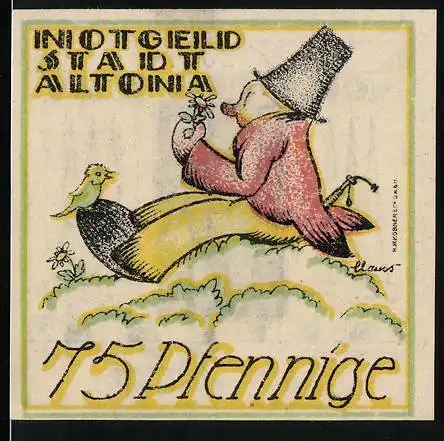 Notgeld Altona, 1921, 75 Pfennige, Illustration eines sitzenden Mannes mit Blume und Vogel, Rückseite mit Türmen