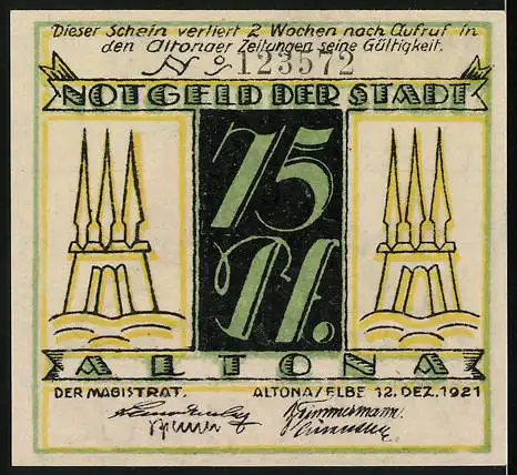 Notgeld Altona, 1921, 75 Pfennige, Illustration eines sitzenden Mannes mit Blume und Vogel, Rückseite mit Türmen