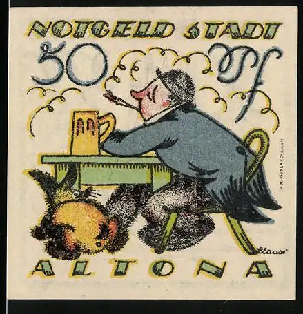 Notgeld Altona, 1921, 50 Pf, Mann mit Bierkrug und Hund, Rückseite mit Wahrzeichen und Text