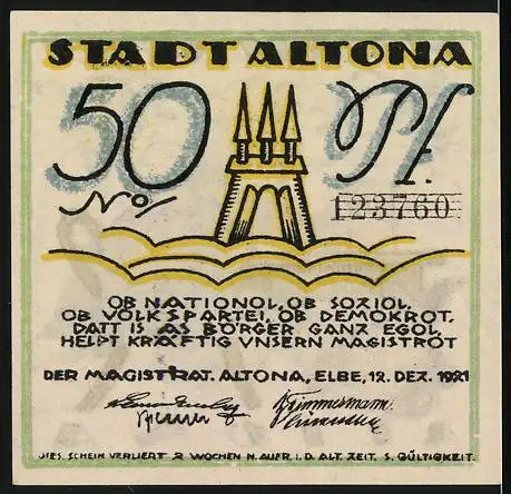 Notgeld Altona, 1921, 50 Pf, Mann mit Bierkrug und Hund, Rückseite mit Wahrzeichen und Text