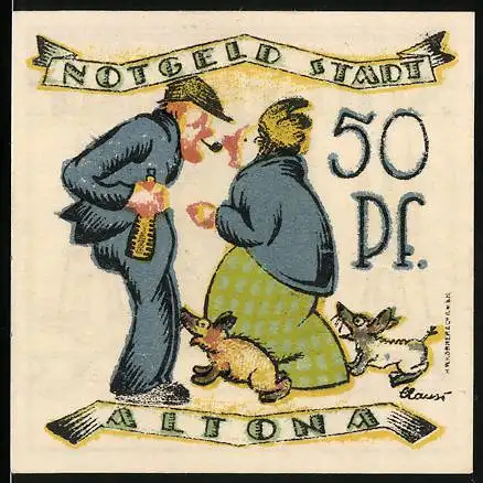 Notgeld Altona, 1921, 50 Pf, Mann und Frau mit Flaschen und Hunden, Rückseite Türme und Text