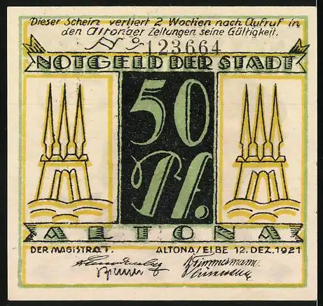 Notgeld Altona, 1921, 50 Pf, Mann und Frau mit Flaschen und Hunden, Rückseite Türme und Text