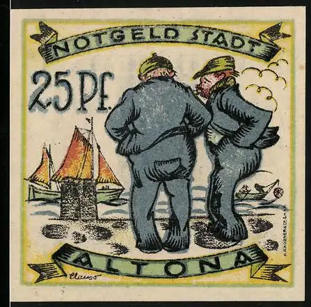 Notgeld Altona, 1921, 25 Pf, Zwei Männer am Schiff und Türme, Seriennummer 123971