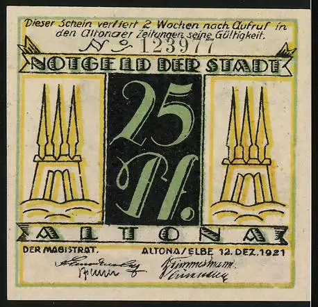 Notgeld Altona, 1921, 25 Pf, Zwei Männer am Schiff und Türme, Seriennummer 123971