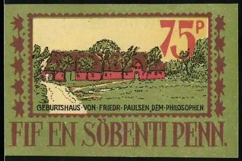 Notgeld Langenhorn, 1921, 75 Pfennig, Geburtshaus von Friedrich Paulsen, Gemeinde Gutschein