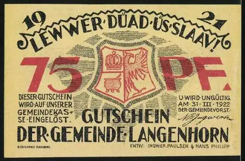 Notgeld Langenhorn, 1921, 75 Pfennig, Geburtshaus von Friedrich Paulsen, Gemeinde Gutschein