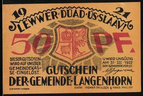 Notgeld Langenhorn 1921, 50 Pf, Gutschein der Gemeinde mit Wappen und Landschaftszene