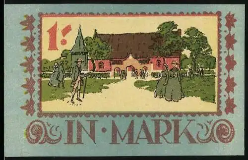 Notgeld Langenhorn, 1921, 1 Mark, Historische Dorfszene und Gemeindewappen