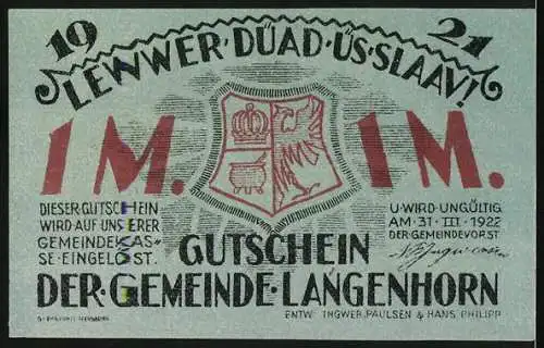 Notgeld Langenhorn, 1921, 1 Mark, Historische Dorfszene und Gemeindewappen