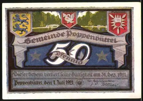 Notgeld Poppenbüttel, 1921, 50 Pf, Henneberg`s Park und Wappen der Gemeinde, gültig bis 31. Dezember 1921