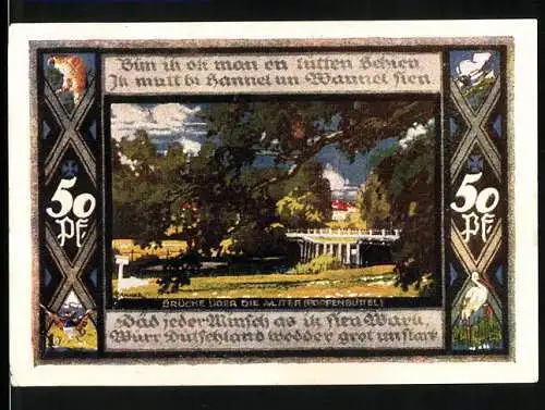 Notgeld Poppenbüttel, 1921, 50 Pfennig, Brücke über die Alster und Gemeindewappen