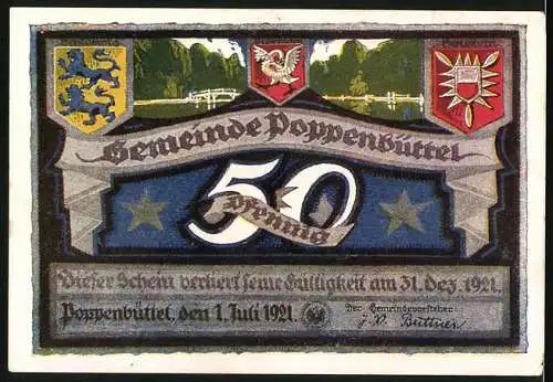Notgeld Poppenbüttel, 1921, 50 Pfennig, Brücke über die Alster und Gemeindewappen