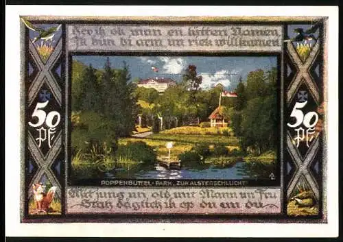 Notgeld Poppenbüttel 1921, 50 Pf, Park zur Alstenschlucht und Wappen der Gemeinde