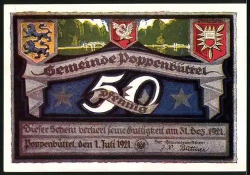 Notgeld Poppenbüttel 1921, 50 Pf, Park zur Alstenschlucht und Wappen der Gemeinde