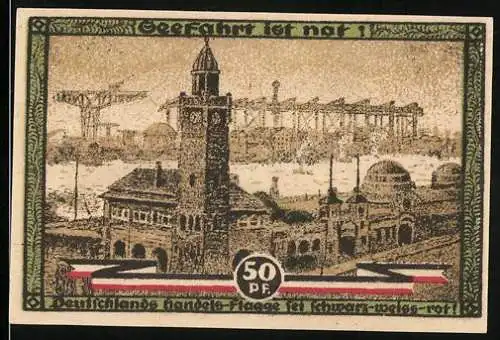 Notgeld Hamburg, 1921, 50 Pf, Kultur und Sport, Gefahr ist nur, Stadtansicht und Turm, Rückseite mit Datum 12.-24. Au