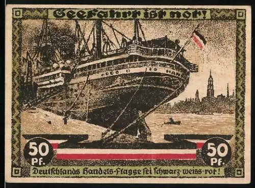 Notgeld Hamburg 1921, 50 Pfennig, Schiff im Hafen und Kultur- u. Sportwoche 12.-24. August 1921