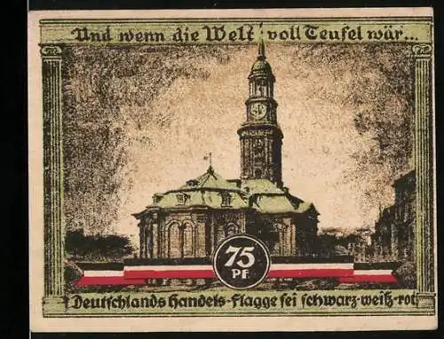 Notgeld Hamburg, 1921, 75 Pf, Kultur- und Sportwoche Hamburg, St. Michaelis Kirche und Säule mit Figur