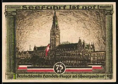 Notgeld Hamburg 1921, 75 Pf, Vorderseite Rathaus mit Text Seefahrt ist not, Rückseite Kultur und Sportwoche Hamburg