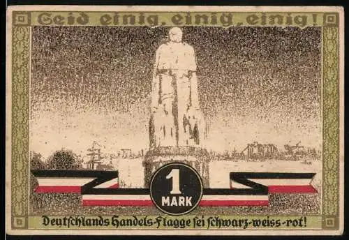 Notgeld Hamburg, 1921, 1 Mark, Kultur- und Sportwoche mit Statue und Deutschlands Handels-Flagge