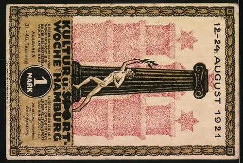 Notgeld Hamburg, 1921, 1 Mark, Kultur- und Sportwoche mit Statue und Deutschlands Handels-Flagge